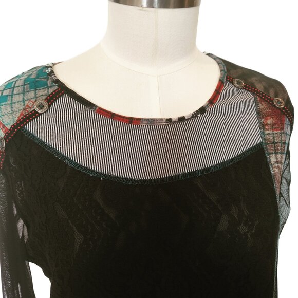 Kaktus Multi Fabric & Lace Patchwork Artsy Tunic Top Size Large - Picture 2 of 9